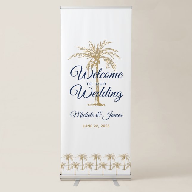 Navy Blue Gold Palm Trees White Wedding Welcome Retractable Banner (Front)