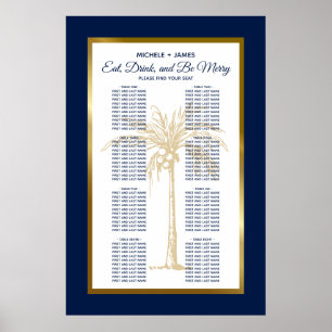 Navy Blue Gold Palm Tropical Wedding Seating Chart