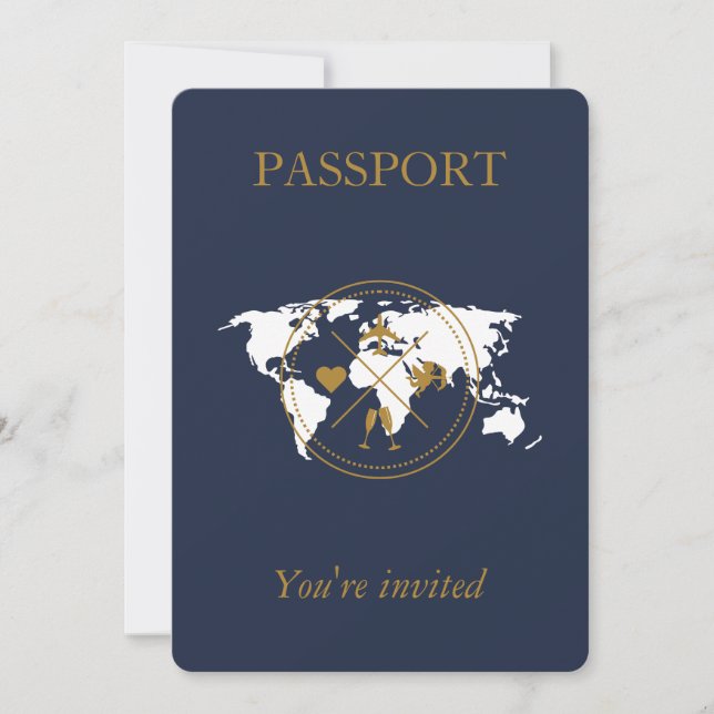 Navy Blue Gold Passport Destination Wedding Photo Invitation (Front)