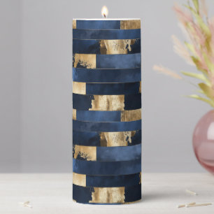 Navy Blue Gold Pattern Pillar Candle
