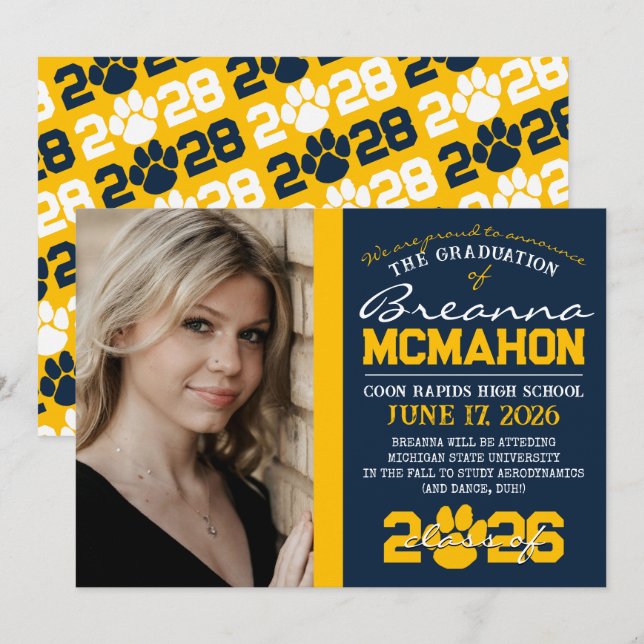 Navy Blue & Gold Paw Print Graduation Announcement (Front/Back)