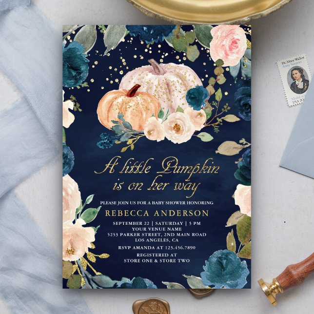 Navy Blue Gold Peach Floral Pumpkin Baby Shower Invitation (Creator Uploaded)