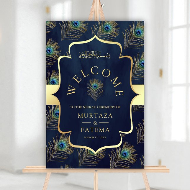 Navy Blue Gold Peacock Muslim Wedding Welcome Sign (Creator Uploaded)