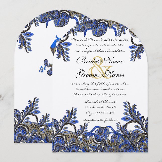 Navy Blue & Gold Peacock Paisley Wedding Invite (Front/Back)