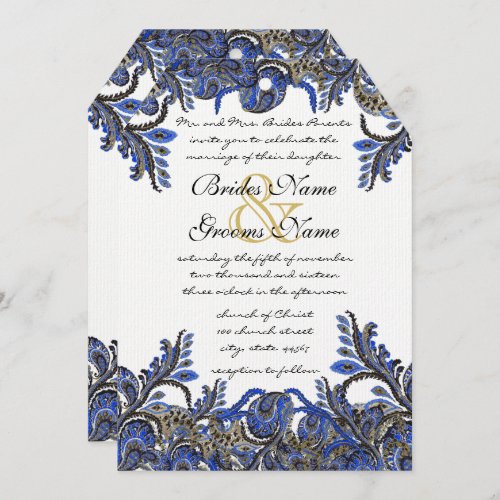 Navy Blue  Gold Peacock Paisley Wedding Invite