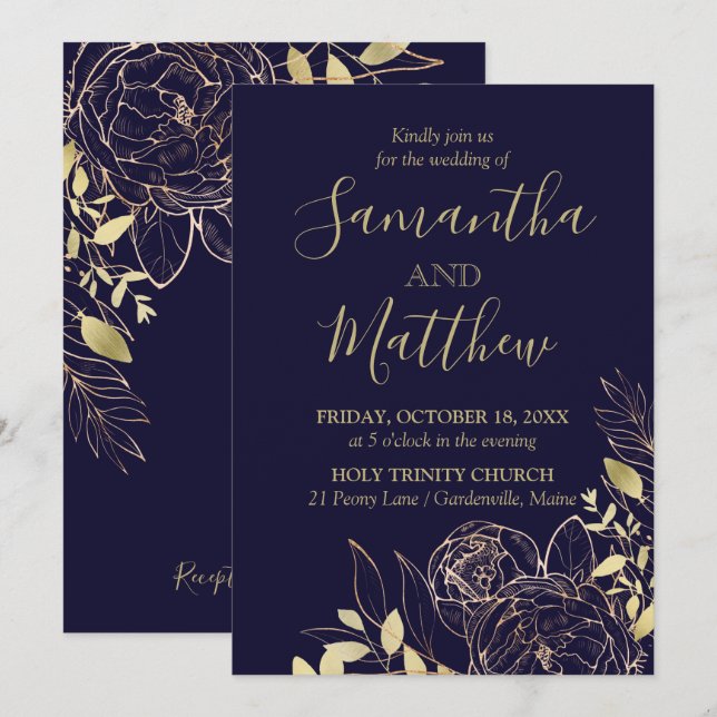 Navy Blue & Gold Peony Modern Floral Wedding Invitation (Front/Back)