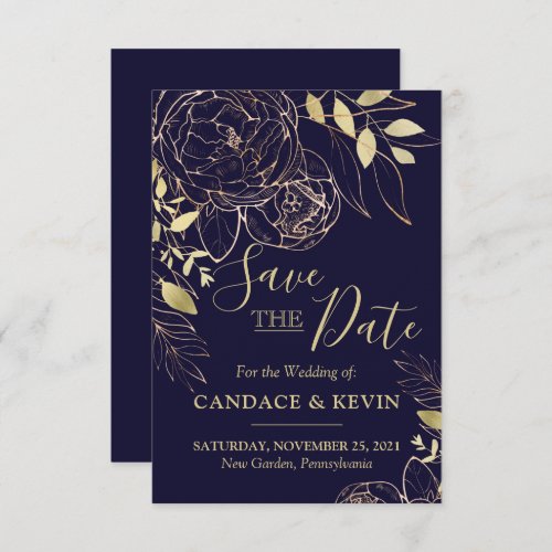 Navy Blue  Gold Peony Modern Floral Wedding Save The Date