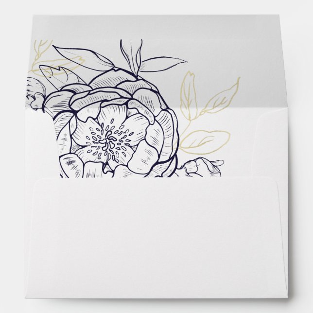 Navy Blue & Gold Peony Wedding Invitation Envelope (Back (Bottom))