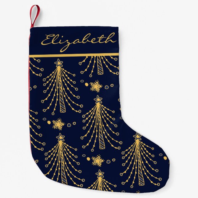 Navy Blue Gold Personalized Christmas Tree Stars S Small Christmas Stocking (Front)