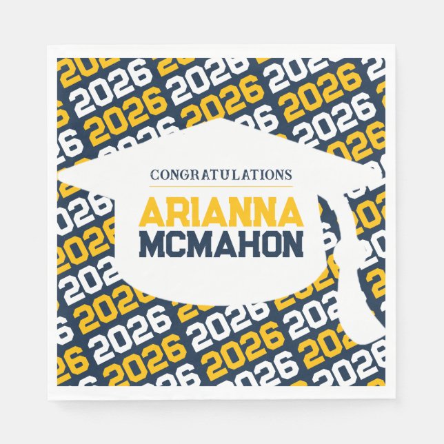 Navy Blue & Gold Personalized Graduation Cap Paper Napkins (Front)