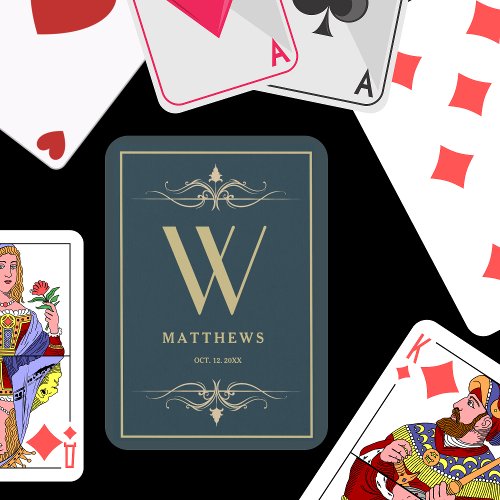 Navy blue gold Personalized Monogram and Name Playing Cards