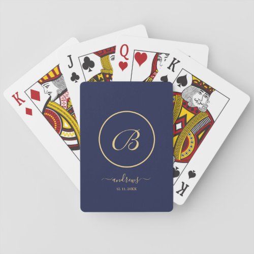 Navy Blue Gold Personalized Monogram and Name Poker Cards