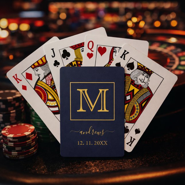Navy Blue Gold Personalized Monogram and name Poker Cards (Creator Uploaded)