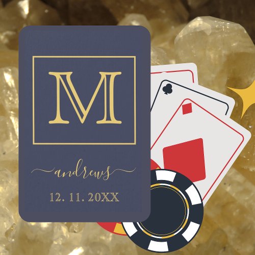 Navy Blue Gold Personalized Monogram and name Poker Cards