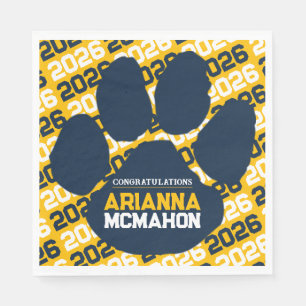 Navy Blue & Gold Personalized Paw Graduation Paper Napkins