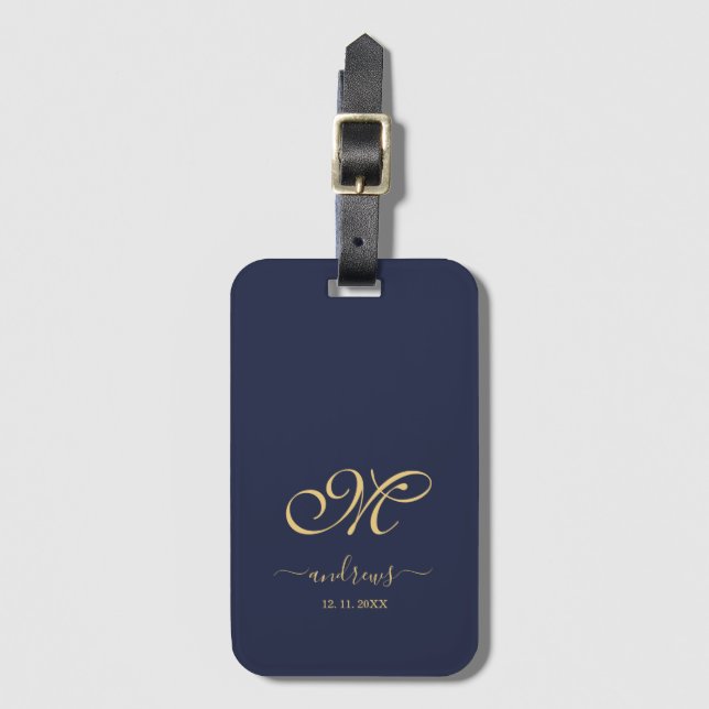 Navy Blue Gold Personalized Signature Luggage Tag (Front Vertical)
