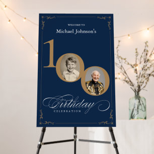 Navy Blue Gold Photo 100th Birthday Welcome Foam Board