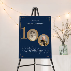 Navy Blue Gold Photo 100th Birthday Welcome Sign