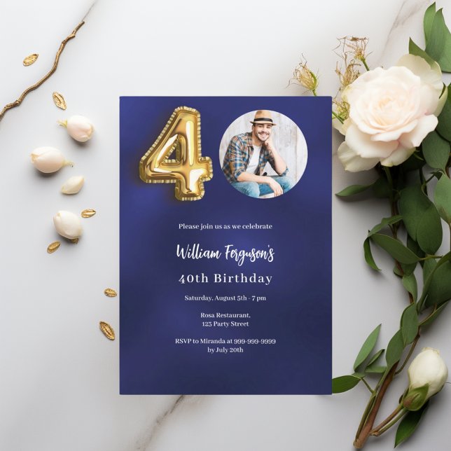 Navy blue gold photo 40th birthday invitation (Creator Uploaded)