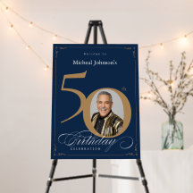 Navy Blue Gold Photo 50th Birthday Welcome Sign