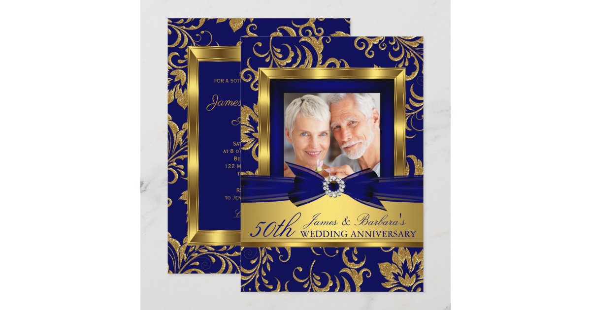 Navy Blue Gold Photo 50th Wedding Anniversary Invitation | Zazzle