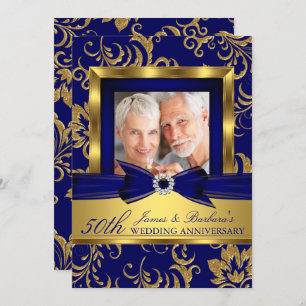 Navy Blue Gold Photo 50th Wedding Anniversary Invitation