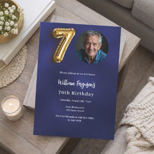 Navy blue gold photo 70th birthday invitation
