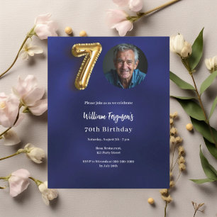 Navy blue gold photo 70th birthday invitation