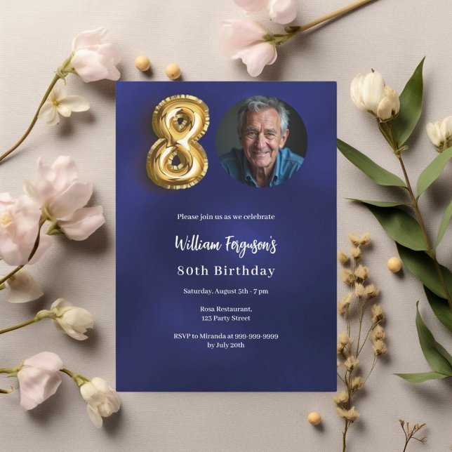 Navy blue gold photo 80th birthday invitation (Creator Uploaded)