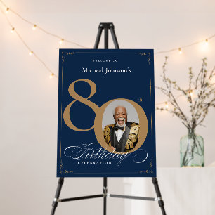 Navy Blue Gold Photo 80th Birthday Welcome Sign