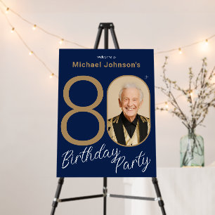 Navy Blue Gold Photo 80th Birthday Welcome Sign