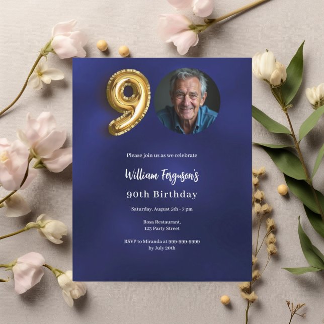 Navy blue gold photo 90th birthday invitation (Creator Uploaded)
