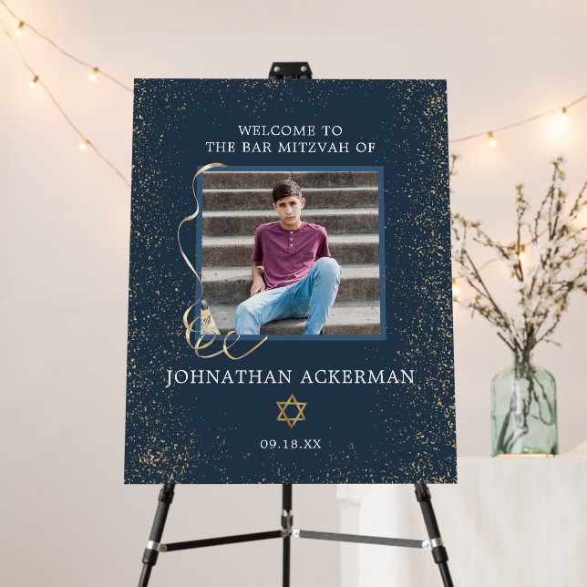 Navy Blue & Gold | Photo Bar Mitzvah Welcome Foam Board (In Situ (Stand))