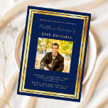 Navy blue gold photo birthday invitation<br><div class="desc">An elegant,  modern,  simple birthday invitation.  A navy blue background decorated with faux gold frames.  Personalize and add a photo name and details. Golden text.</div>