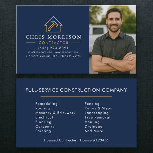 Navy Blue Gold Photo Building Construction Business Card