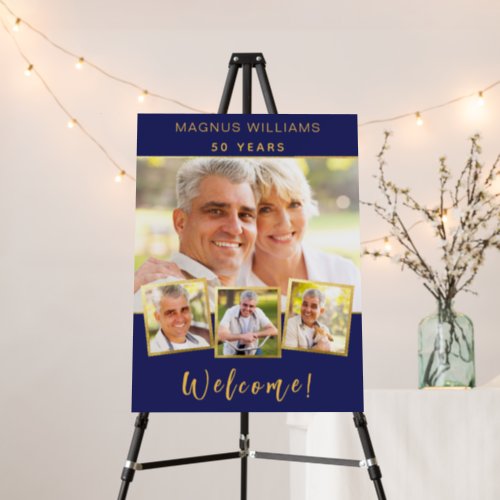 Navy blue gold photo collage birthday welcome foam board