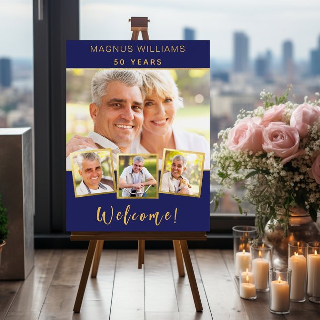 Navy blue gold photo collage birthday welcome foam board (Creator Uploaded)