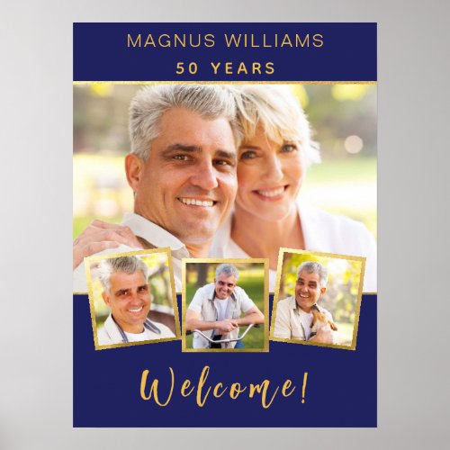 Navy blue gold photo collage birthday welcome poster