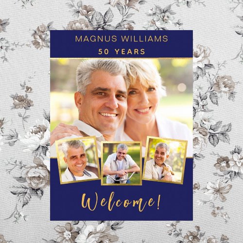 Navy blue gold photo collage birthday welcome poster