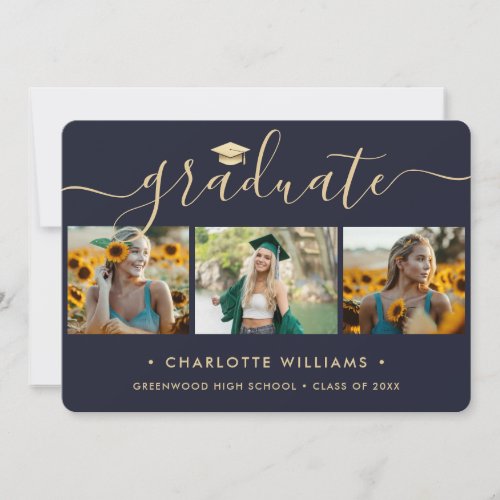 Navy Blue Gold Photo Collage Modern Graduation Announcement