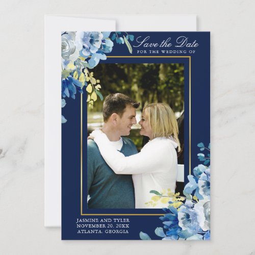 Navy Blue Gold Photo Floral Elegant Evening Save The Date