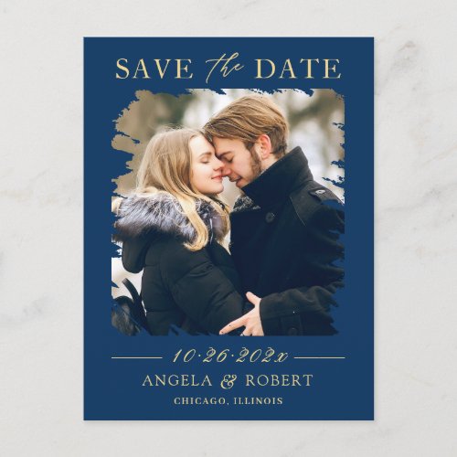 Navy Blue Gold Photo Frame Save the Date Postcard - Modern Navy Blue Gold Brush Stroke Photo Frame Save the Date Postcard