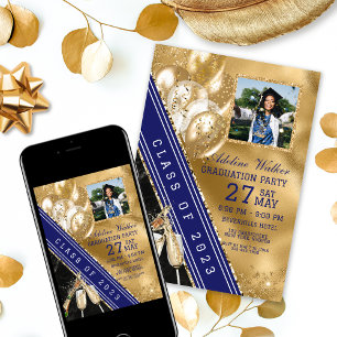 Navy Blue & Gold Photo Graduation Party Invitation