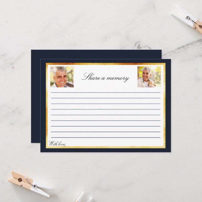 Navy blue gold photo memorial share a memory card (Front/Back In Situ)