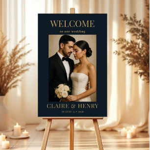 Navy Blue Gold Photo Modern Wedding Welcome  Foam Board
