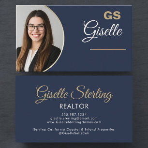 Navy Blue Gold Photo Monogram Luxury Realtor Business Card