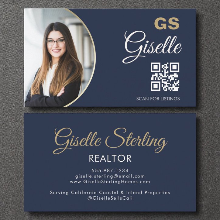Navy Blue Gold Photo Monogram Realtor QR Code Business Card