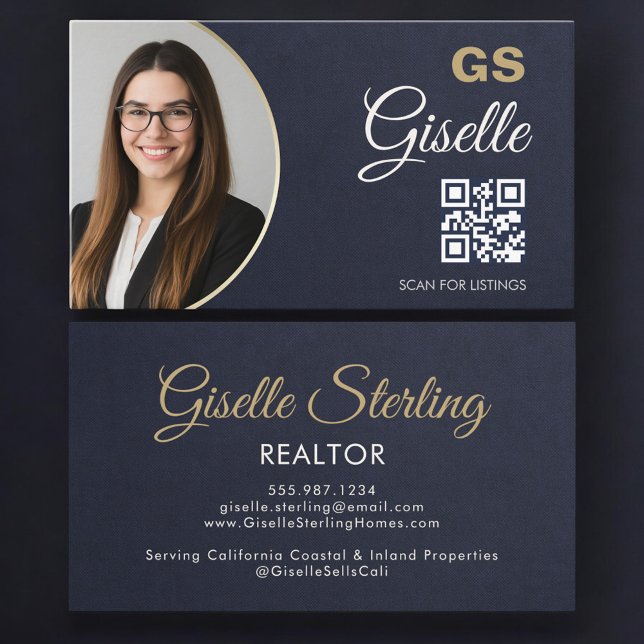 Navy Blue Gold Photo Realtor QR Code Slate Stone Business Card (Creator Uploaded)