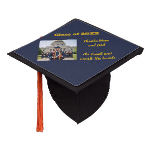 Navy Blue Gold Photo Script Graduation Cap Topper