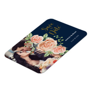 Navy Blue Gold Photo Wedding Save the Date  Magnet